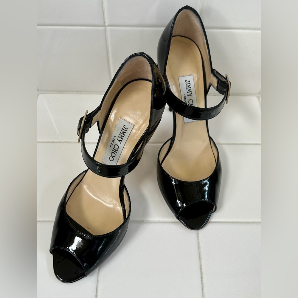 Jimmy Choo Black Patent Leather Peep-Toe Mary Jane Heels - Picture 3 of 9
